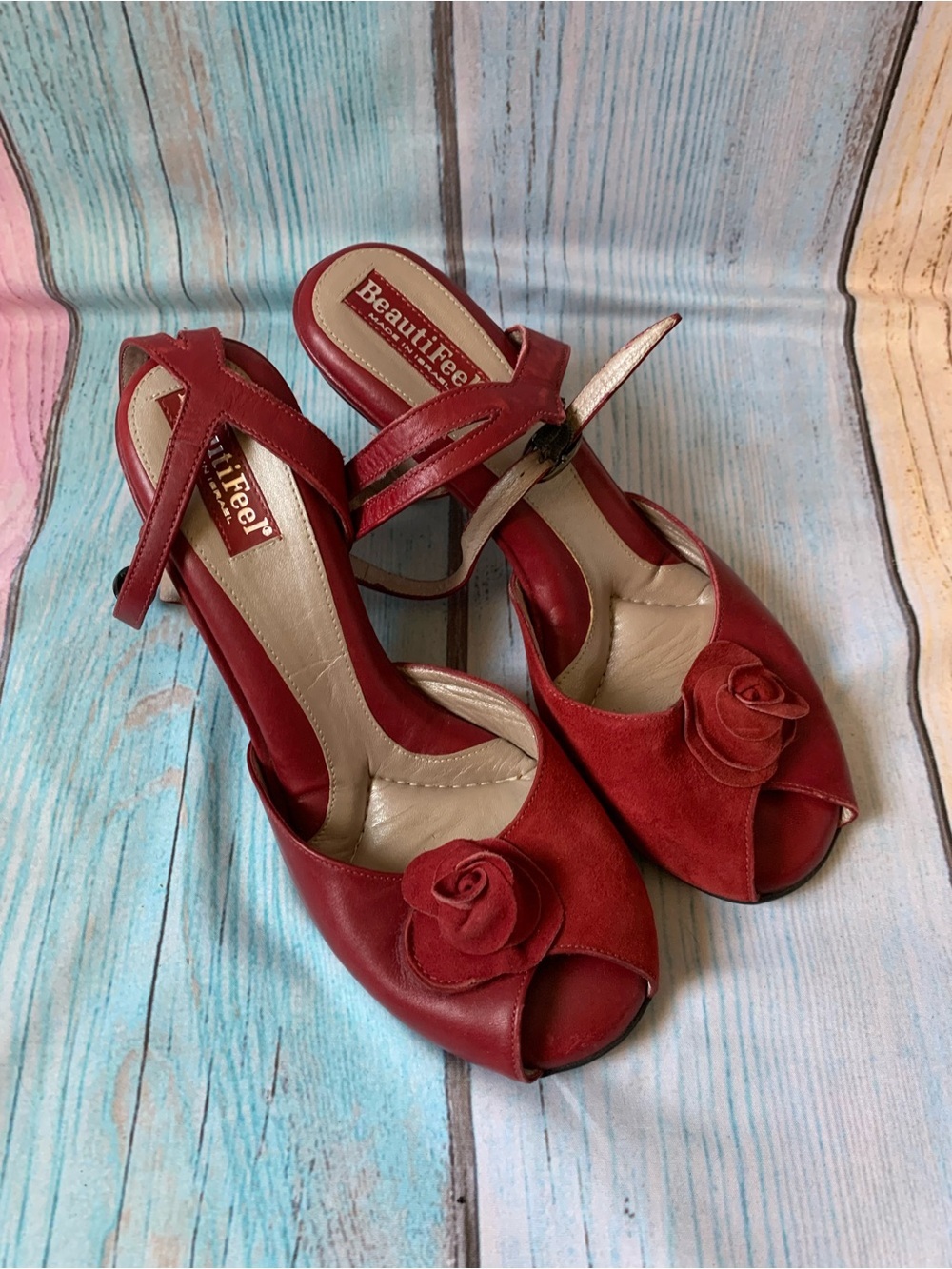 BeautiFeel Red Peep-Toe Heels with Floral Accent - Picture 10 of 11